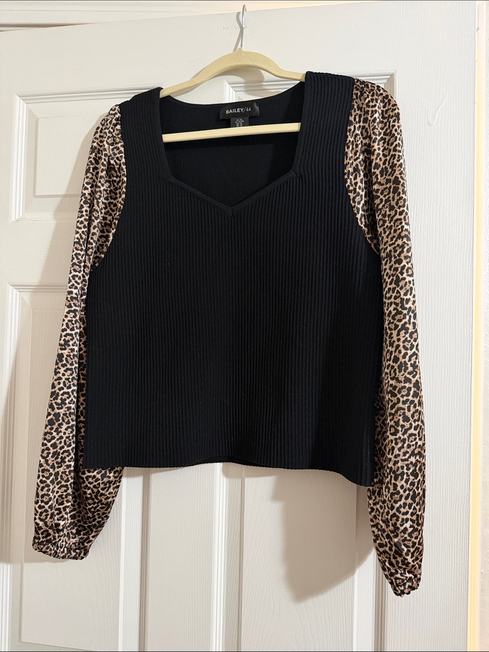 Bailey 44 Black Ribbed Top with Leopard-Print Brown Sleeves